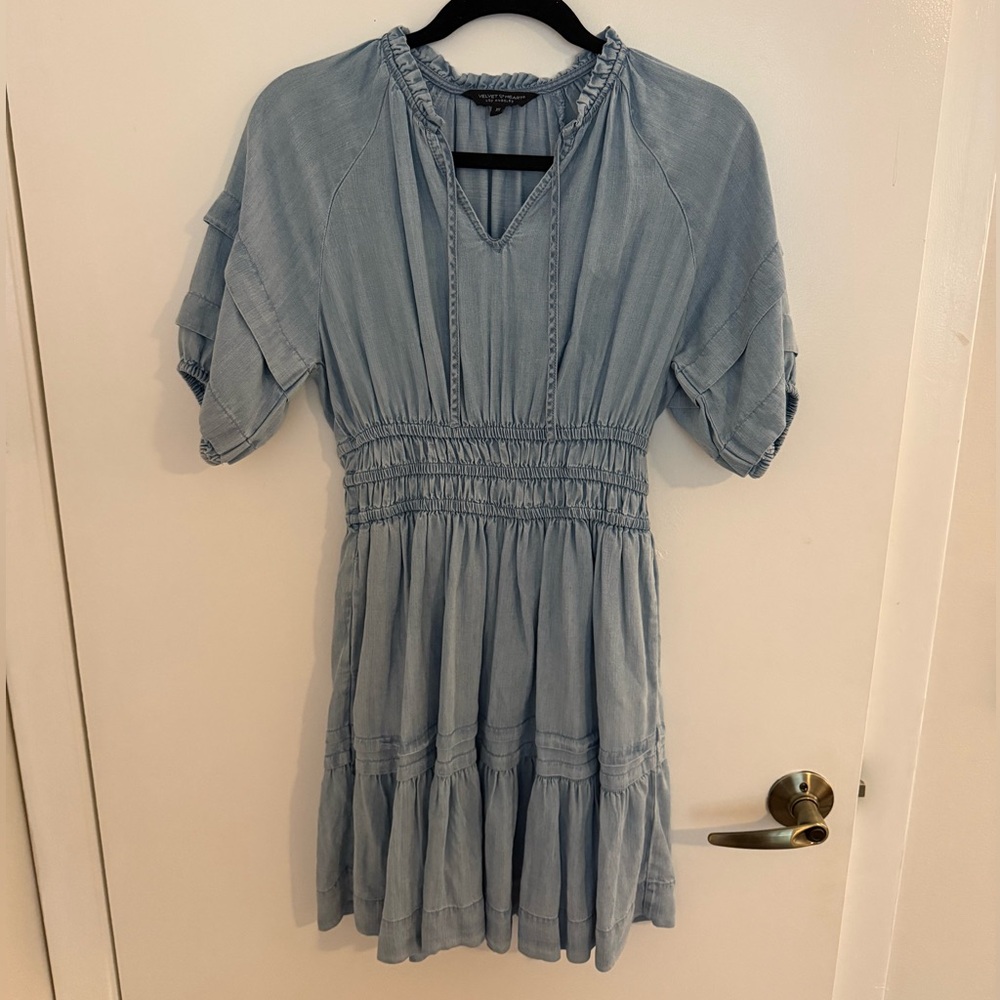 Velvet Heart Light Blue Smocked Waist Tiered Short Dress